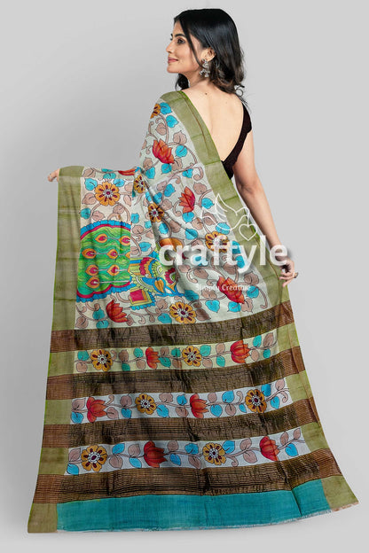 Gorgeous Handmade Floral Design Pure Tussar Kalamkari Saree with Zari Border - Craftyle