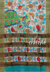 Gorgeous Handmade Floral Design Pure Tussar Kalamkari Saree with Zari Border - Craftyle