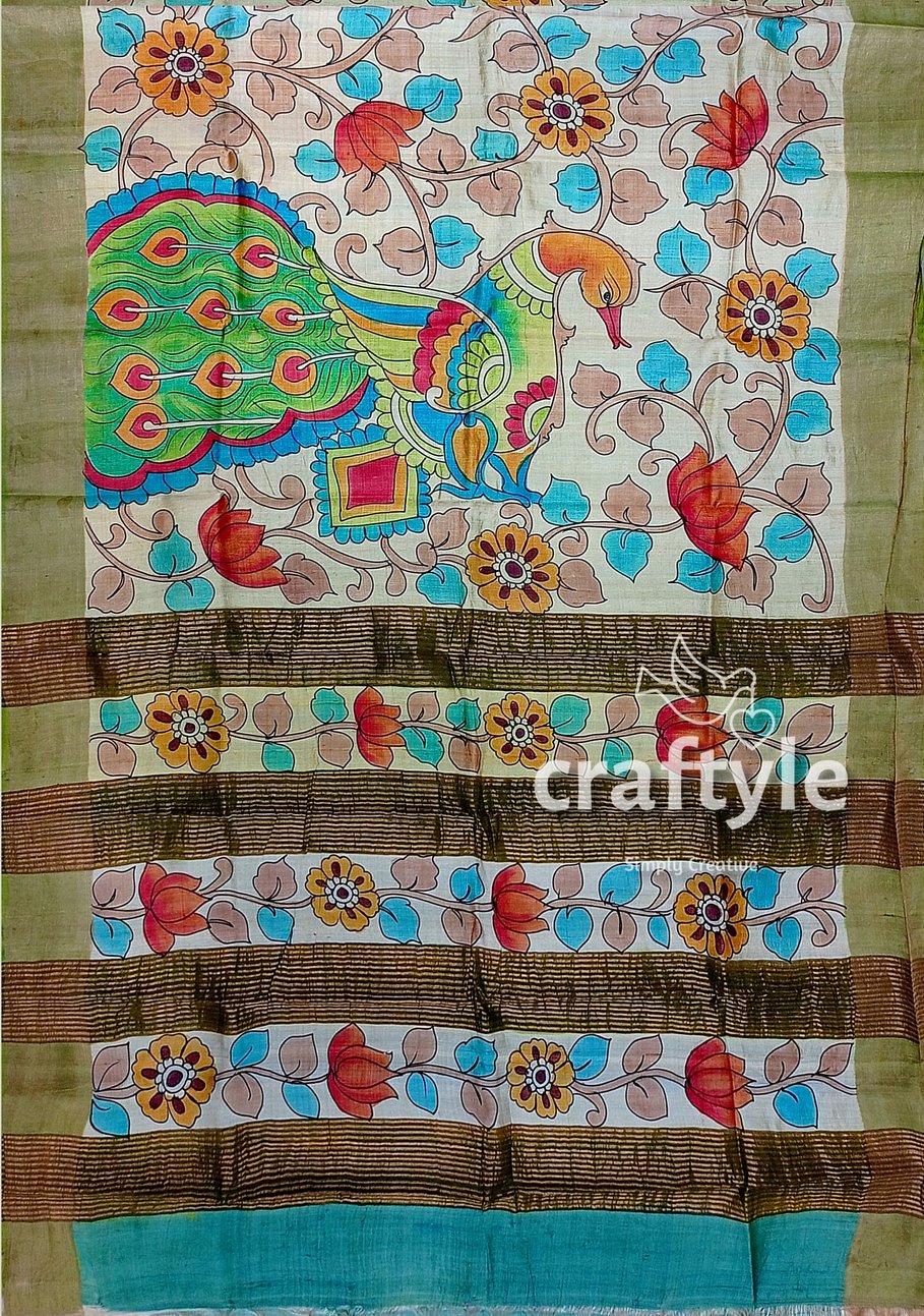 Gorgeous Handmade Floral Design Pure Tussar Kalamkari Saree with Zari Border - Craftyle