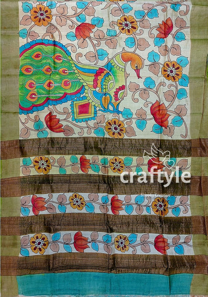 Gorgeous Handmade Floral Design Pure Tussar Kalamkari Saree with Zari Border - Craftyle