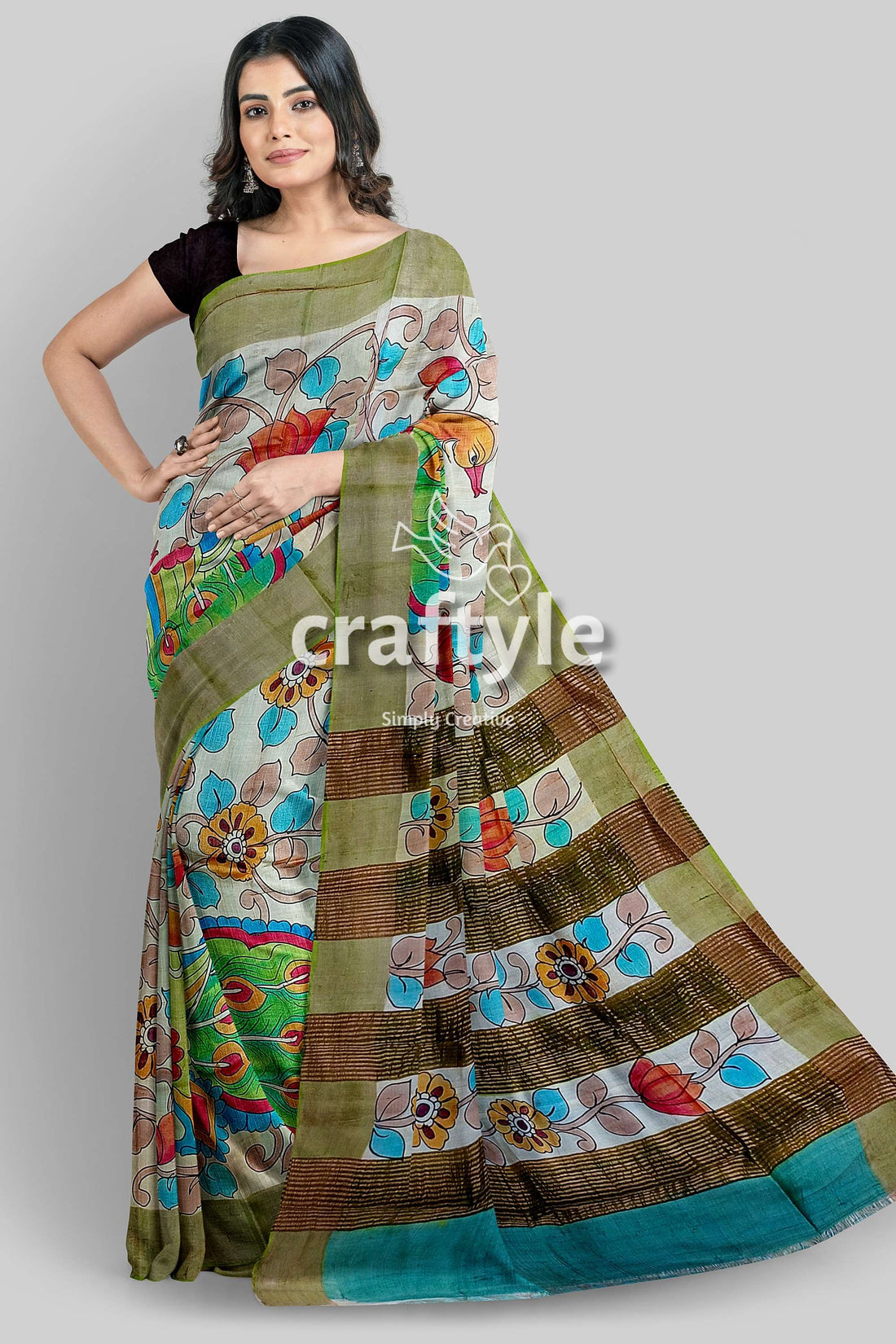 Gorgeous Handmade Floral Design Pure Tussar Kalamkari Saree with Zari Border - Craftyle