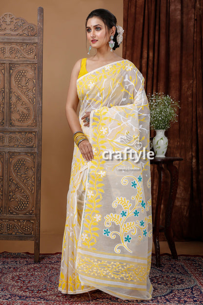 Graceful Jamdani Saree in Salt White and Yellow Elegant Indian Sari - Craftyle
