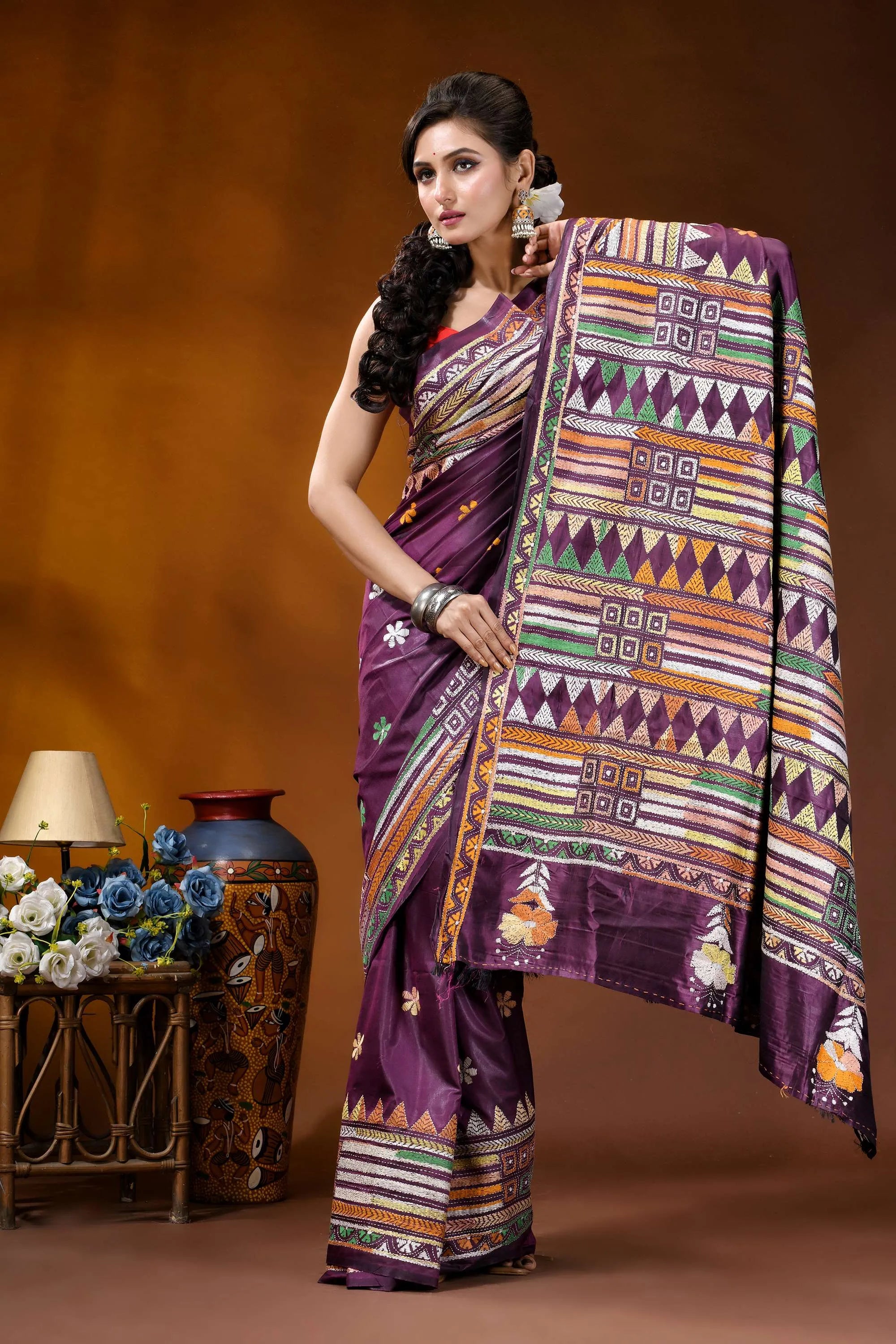 Grape purple ethnic design handcrafted silk kantha stitch saree purple silk saree intricate geometric 4