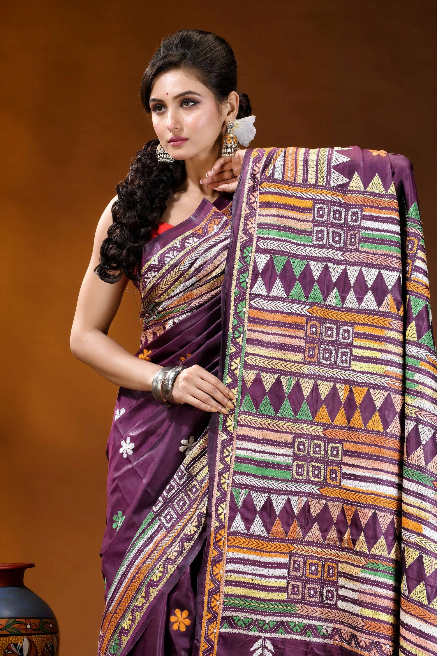 Grape purple ethnic design handcrafted silk kantha stitch saree vibrant purple saree intricate geometric 2
