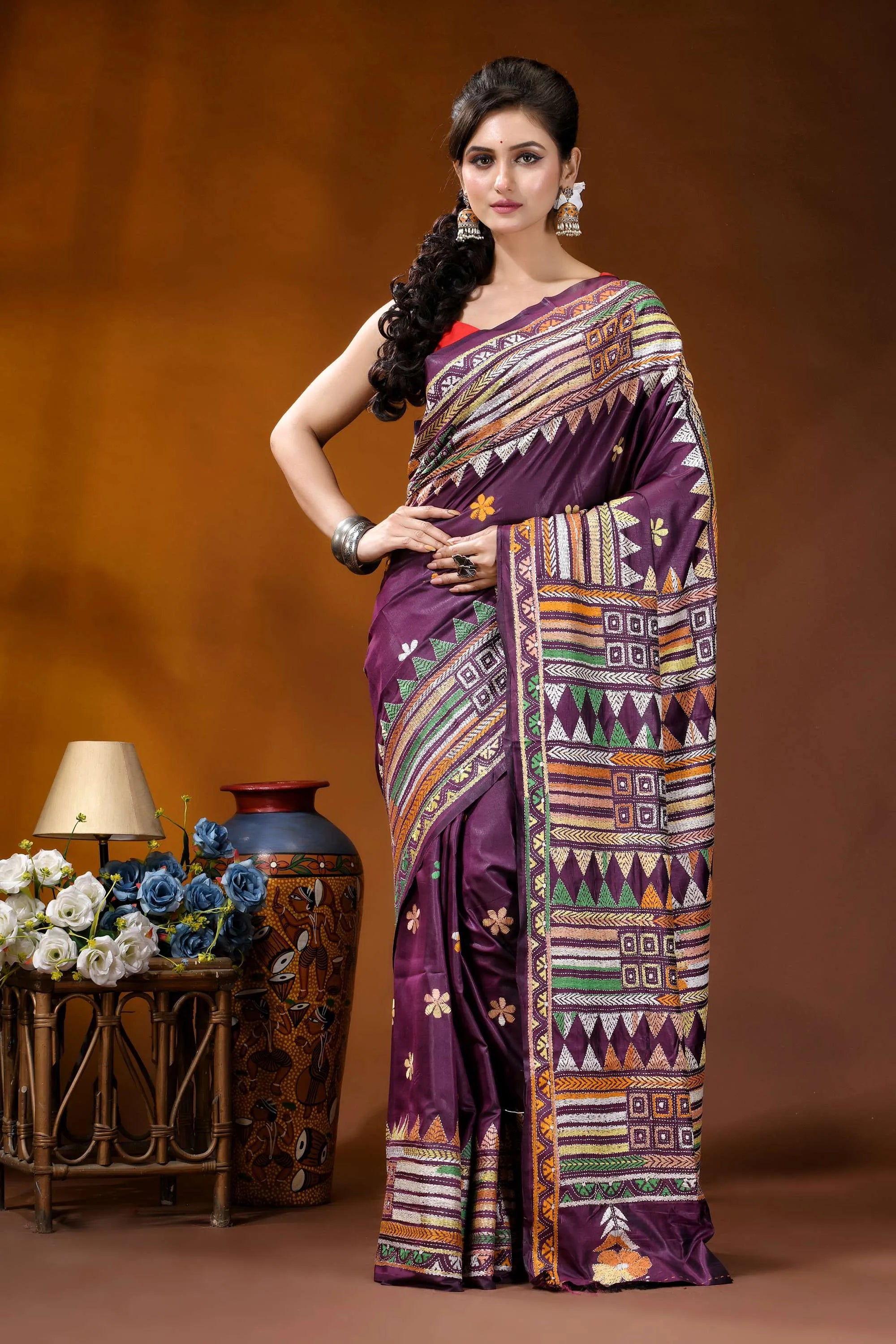 Grape purple ethnic design handcrafted silk kantha stitch saree richly patterned purple saree intricate 1