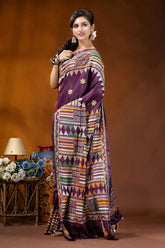 Grape purple ethnic design handcrafted silk kantha stitch saree woman wears vibrant purple saree 5