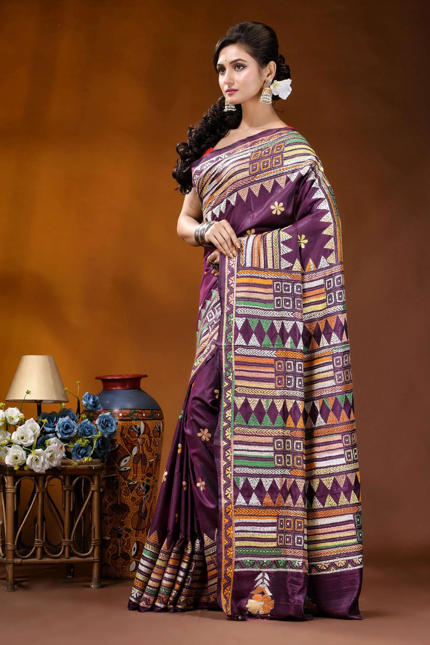 Grape purple ethnic design handcrafted silk kantha stitch saree richly patterned purple saree intricate 3