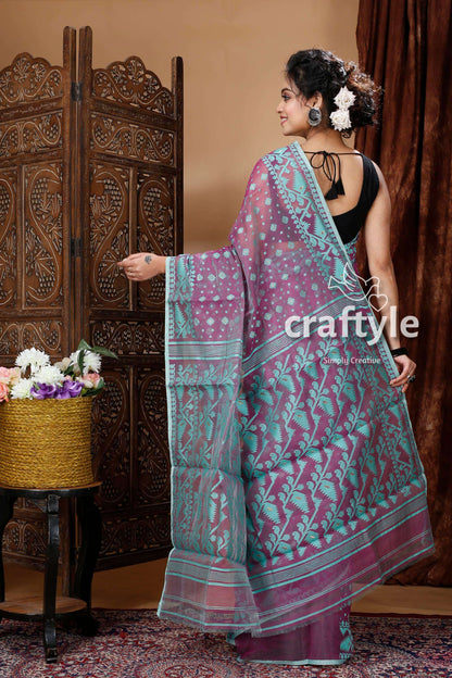 Grape Purple Intricate Handloom Jamdani Sari - Craftyle