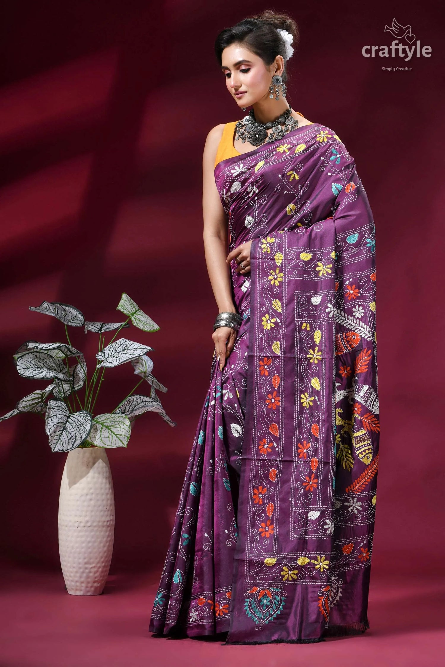 Grape purple premium fish design handcrafted kantha silk saree purple silk saree intricate floral 3