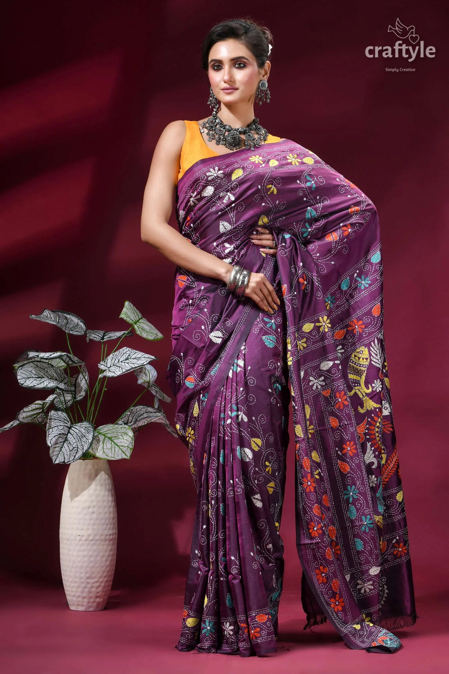 Grape purple premium fish design handcrafted kantha silk saree purple silk saree intricate multicolored 4