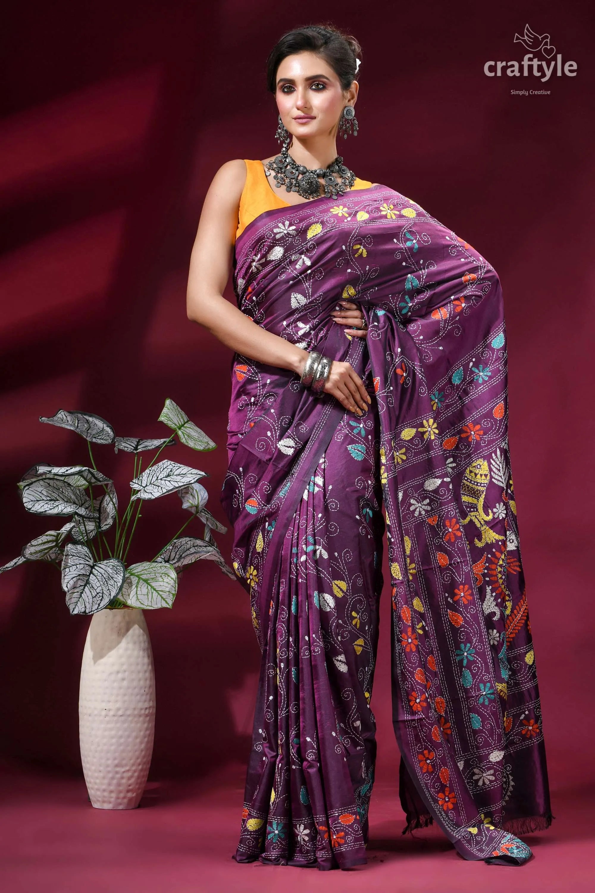 Grape purple premium fish design handcrafted kantha silk saree purple silk saree intricate multicolored 4