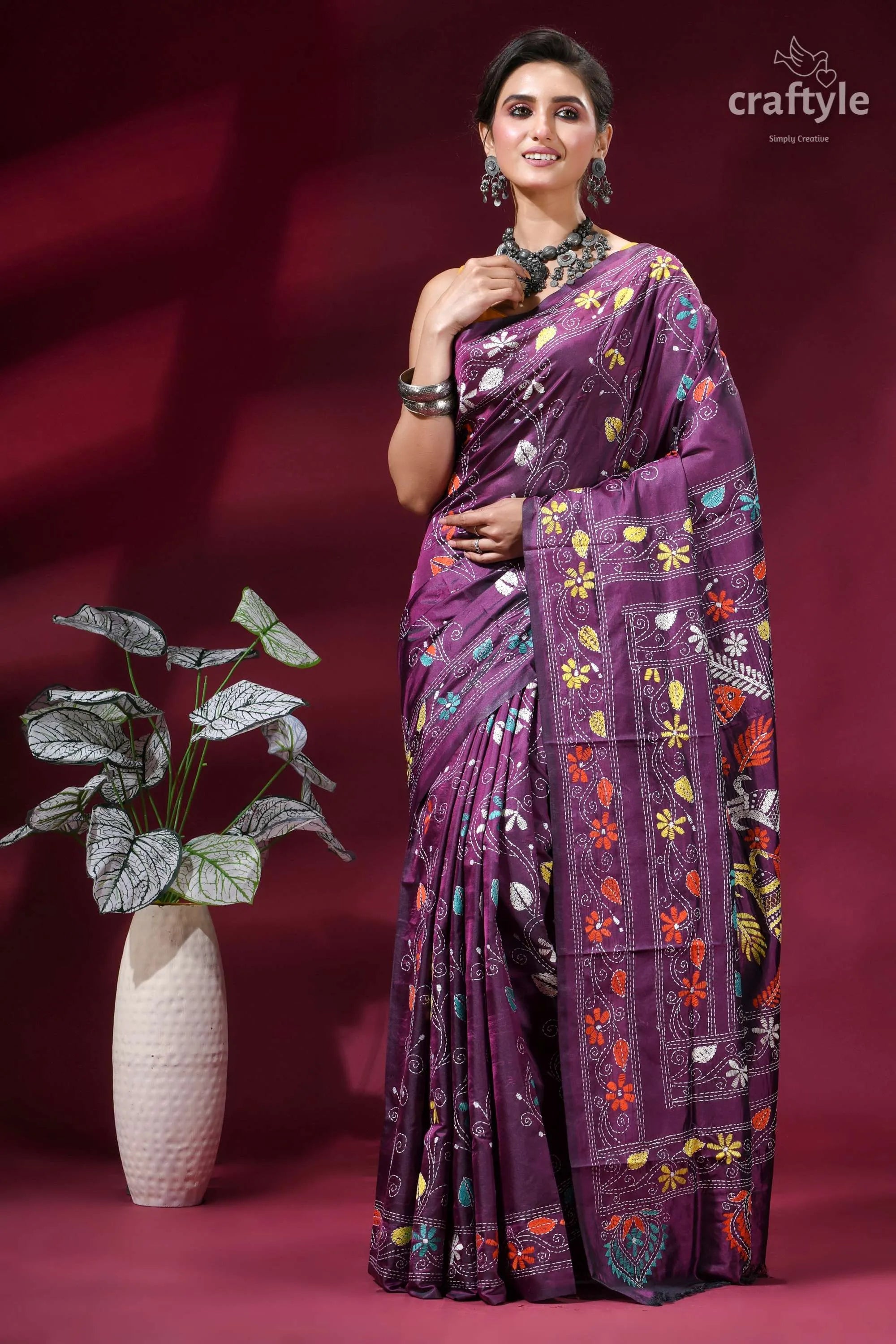 Grape purple premium fish design handcrafted kantha silk saree vibrant purple saree adorned intricate 6