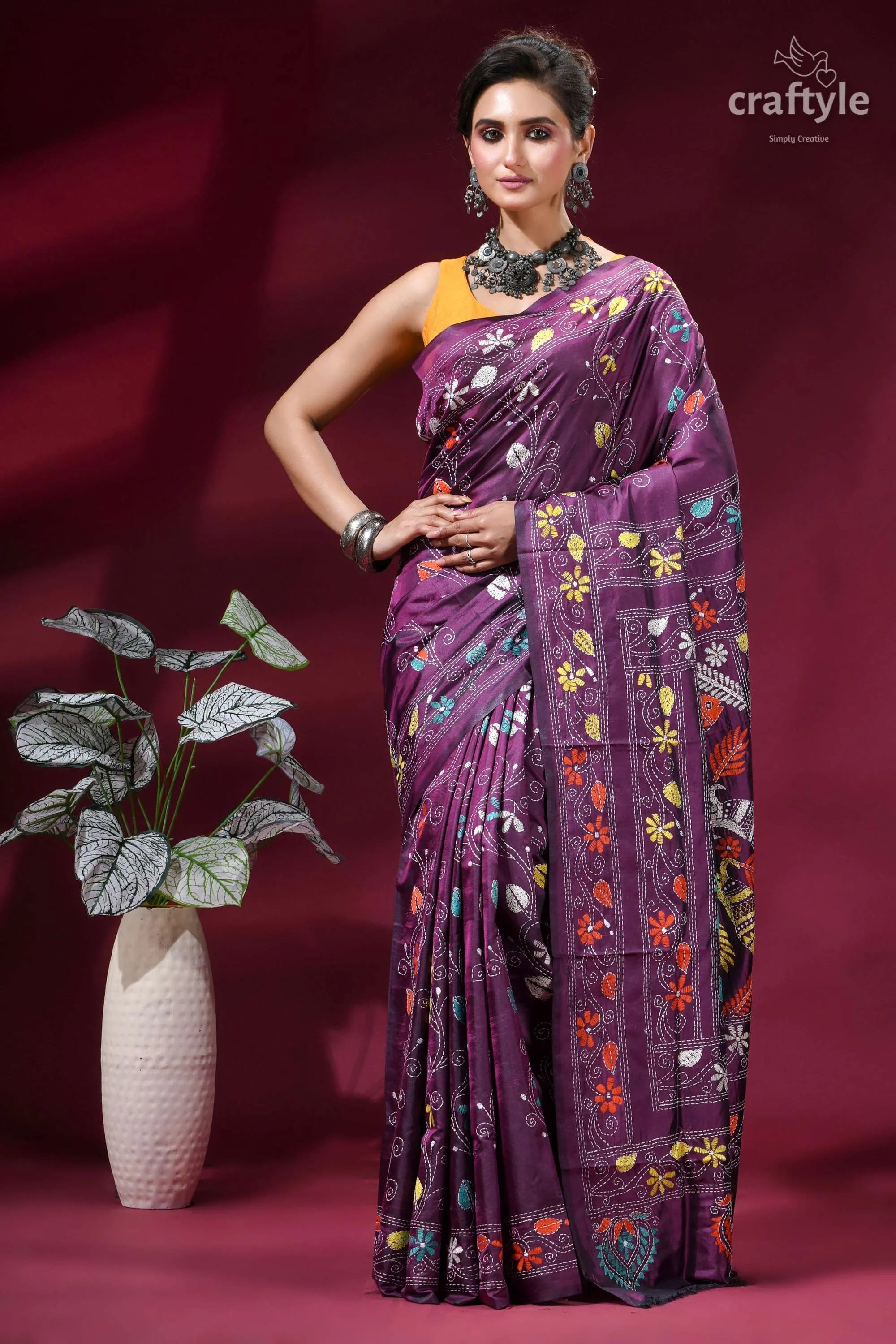Grape purple premium fish design handcrafted kantha silk saree purple silk saree intricate floral 1