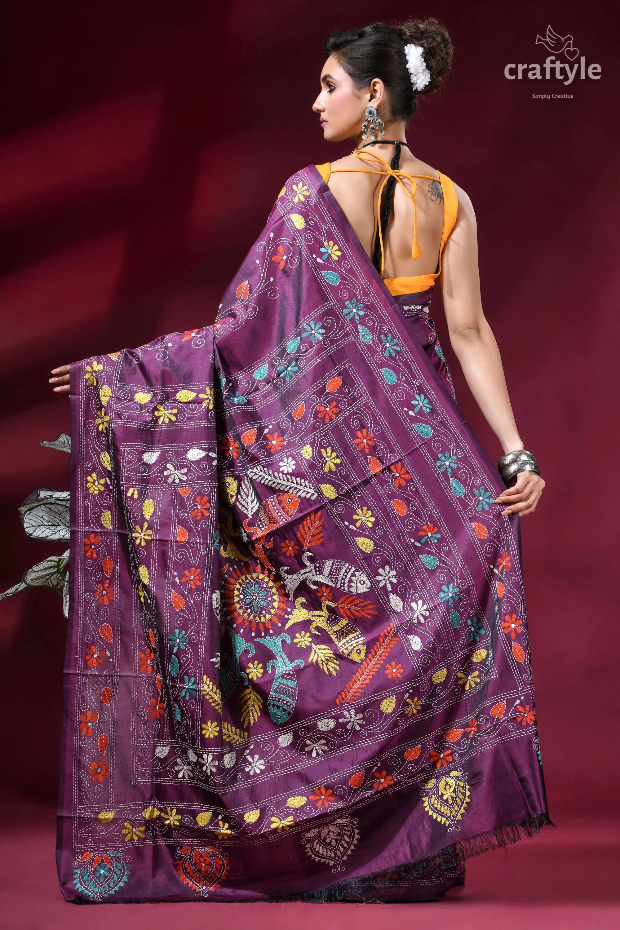 Grape purple premium fish design handcrafted kantha silk saree vibrant purple hand-block printed silk 5