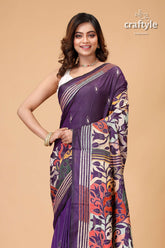 Grape Purple Tulip Design Kantha Silk Saree - Reverse Stitch - Craftyle