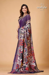 Grape Purple Tulip Design Kantha Silk Saree - Reverse Stitch - Craftyle