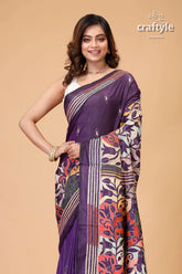Grape purple tulip design kantha silk saree - reverse stitch woman purple saree floral patterns 2