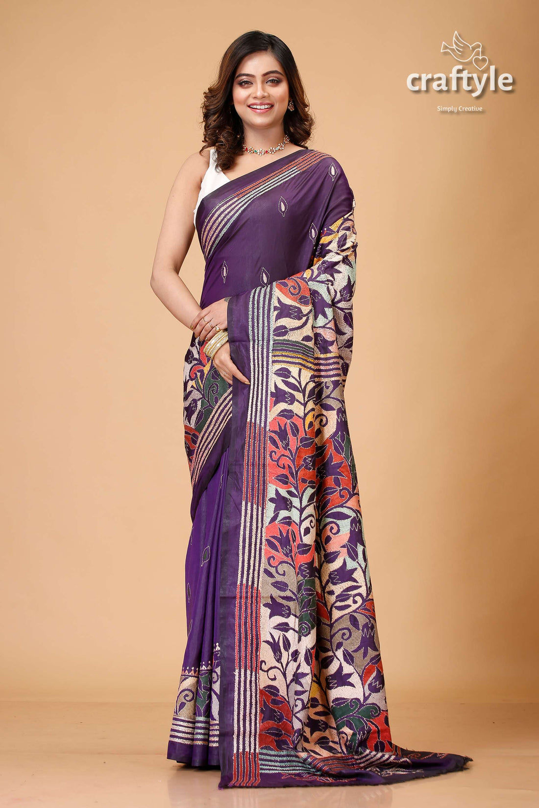 Grape Purple Tulip Design Kantha Silk Saree - Reverse Stitch - Craftyle
