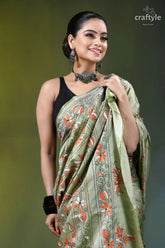 Grayish olive floral motif handmade silk kantha stitch saree woman wears sage green silk 2