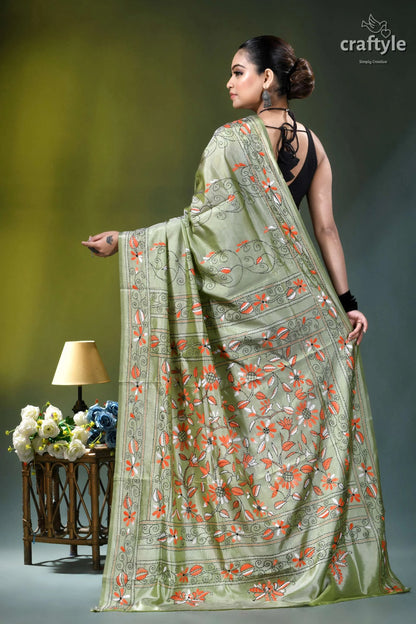 Grayish olive floral motif handmade silk kantha stitch saree light green silk saree adorned 5