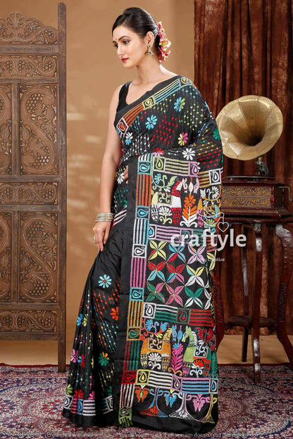 Grease black hand embroidered kantha silk saree black saree colorful embroidery 5