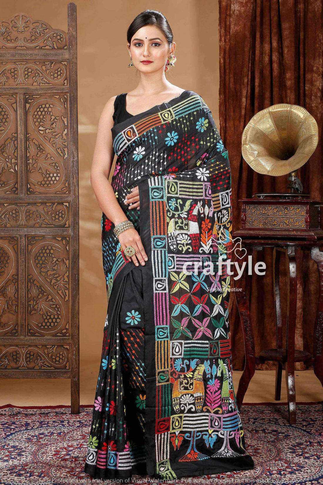 Grease black hand embroidered kantha silk saree black saree colorful embroidery 1