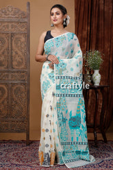 Green and White Jamdani Weave Saree - Authentic and Elegant - Craftyle