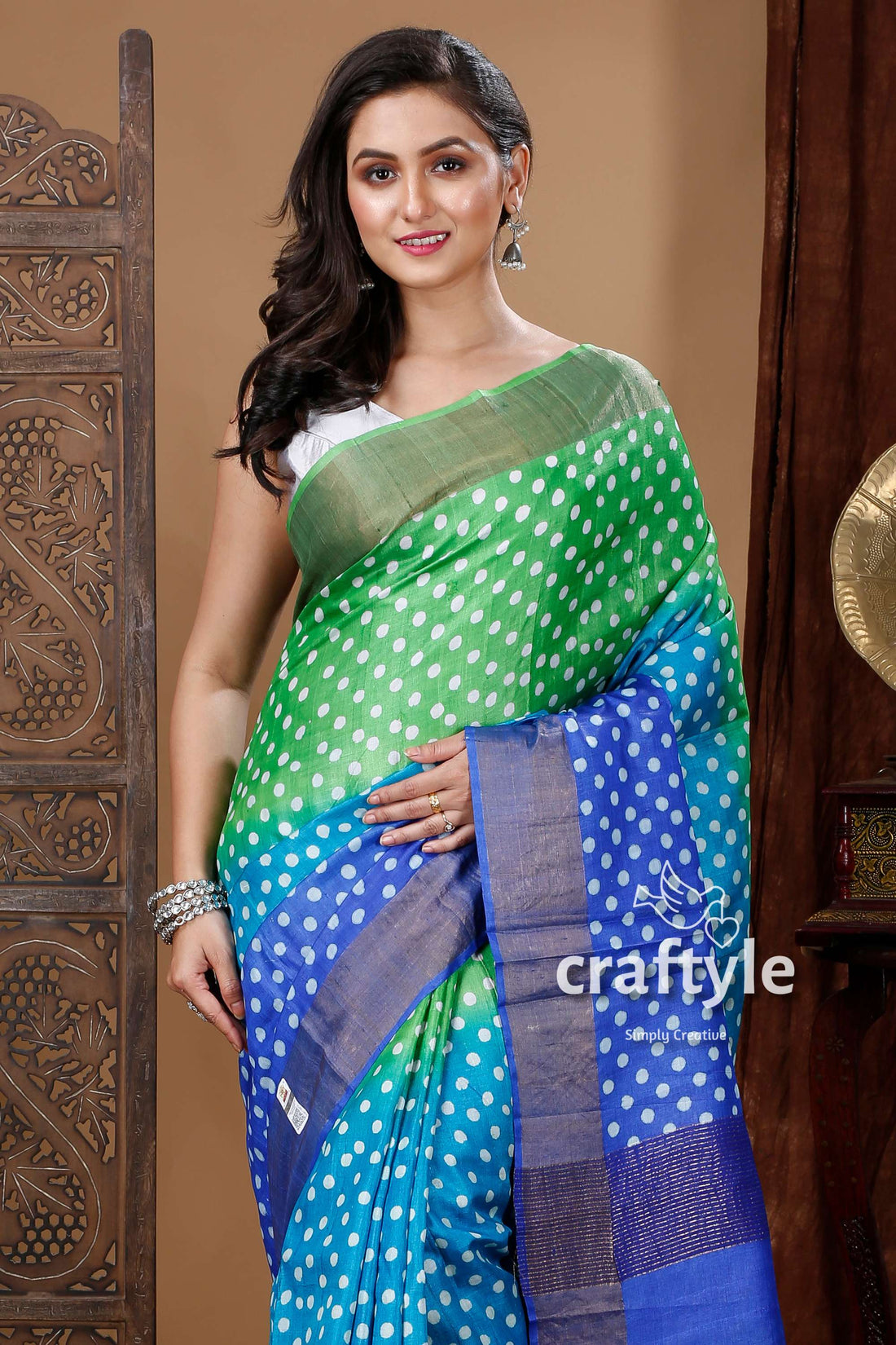 Green &amp; Blue Hand Block Print Zari Border Pure Tussar Silk Sari - Craftyle