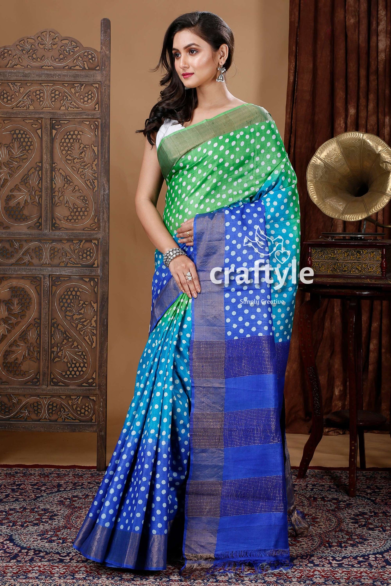Green &amp; Blue Hand Block Print Zari Border Pure Tussar Silk Sari - Craftyle
