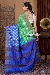 Green & Blue Hand Block Print Zari Border Pure Tussar Silk Sari - Craftyle