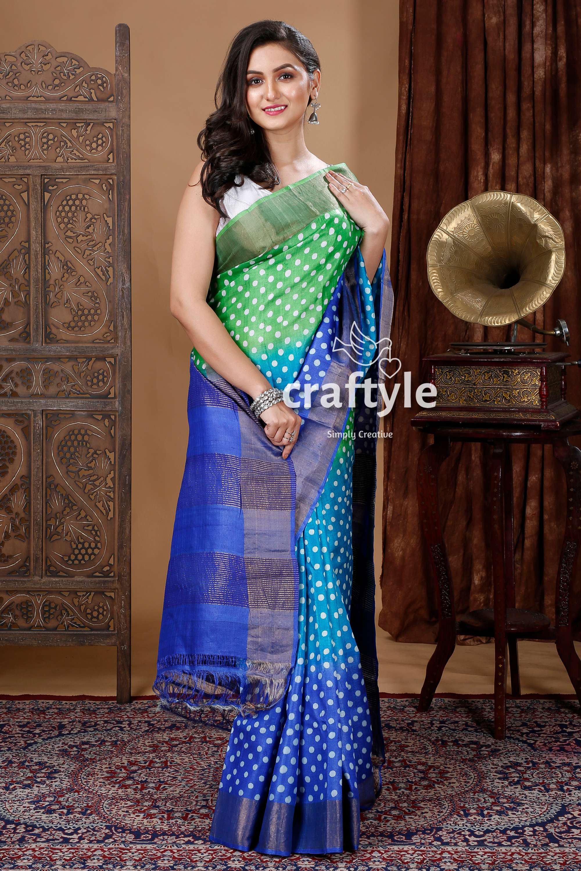 Green &amp; Blue Hand Block Print Zari Border Pure Tussar Silk Sari - Craftyle