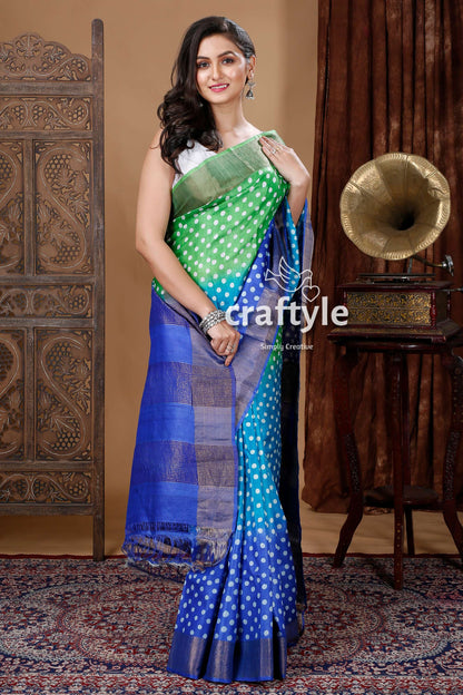 Green &amp; Blue Hand Block Print Zari Border Pure Tussar Silk Sari - Craftyle