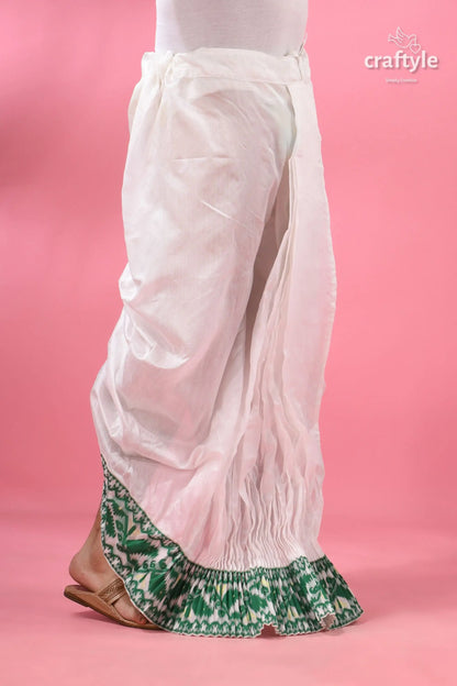 Green jamdani border mayur puccha silk dhoti - ready to wear white cotton harem pants green 2
