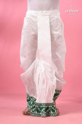 Green jamdani border mayur puccha silk dhoti - ready to wear white cotton pants green gold 1