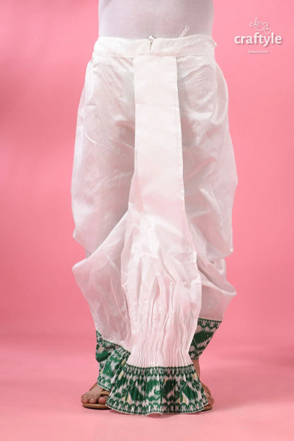 Green jamdani border mayur puccha silk dhoti - ready to wear white cotton pants green gold 1