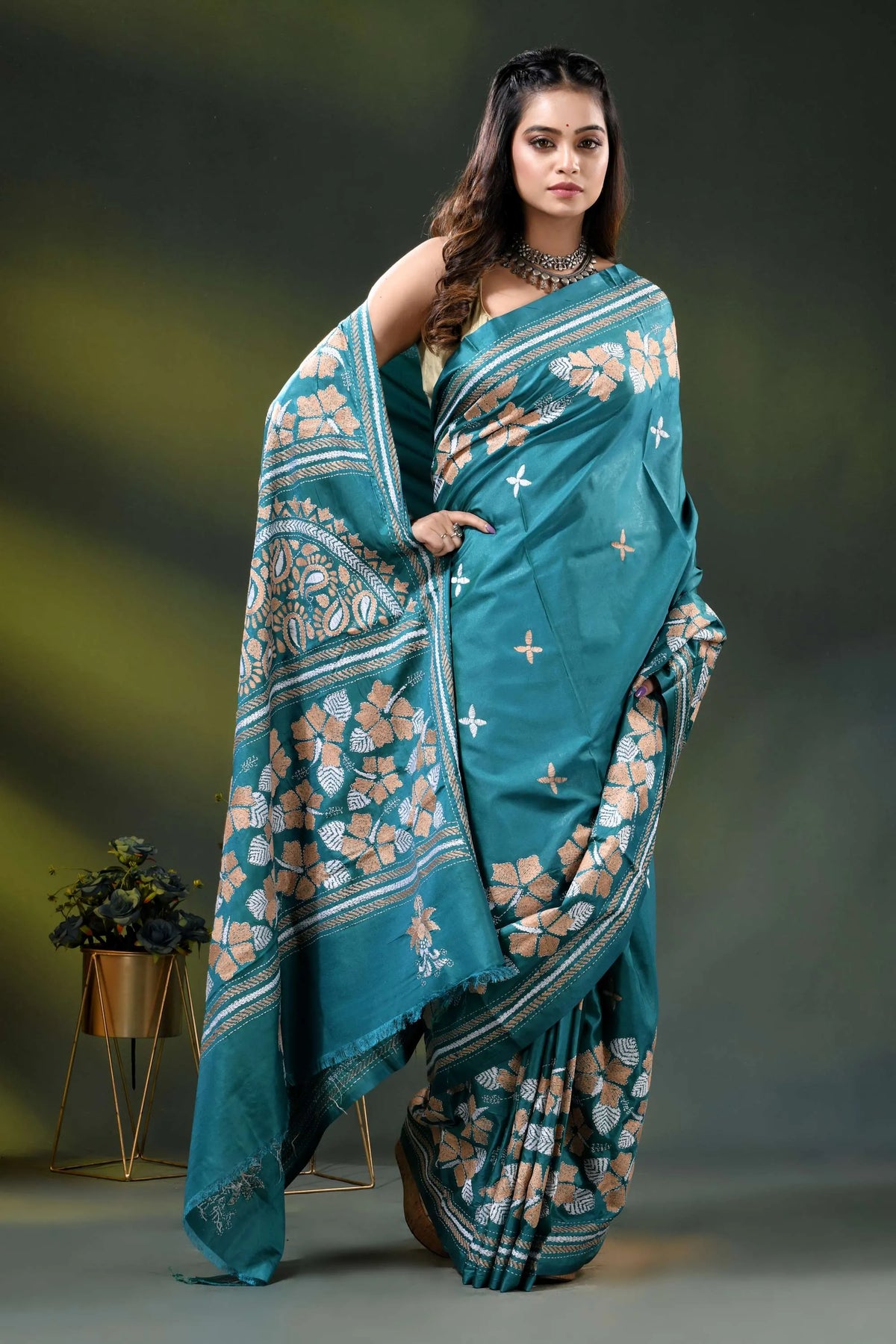 Greenish blue floral motif silk saree with hand kantha embroidery 4
