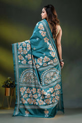 Greenish blue floral motif silk saree with hand kantha embroidery 5