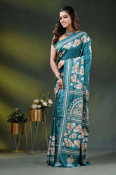 Greenish blue floral motif silk saree with hand kantha embroidery 3