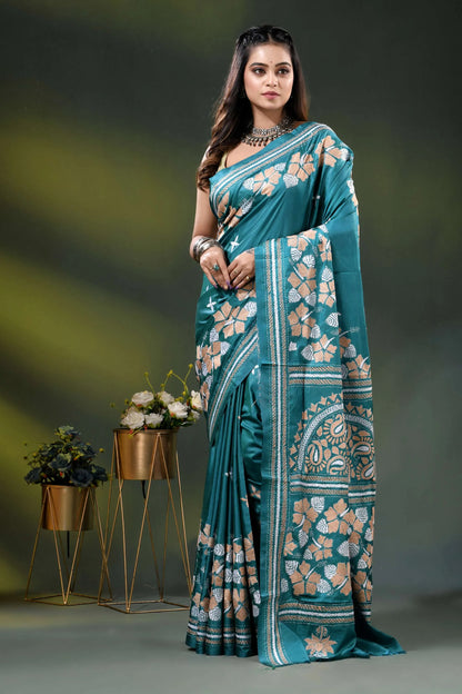 Greenish blue floral motif silk saree with hand kantha embroidery 6