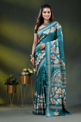 Greenish blue floral motif silk saree with hand kantha embroidery 1