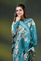 Greenish blue floral motif silk saree with hand kantha embroidery 2
