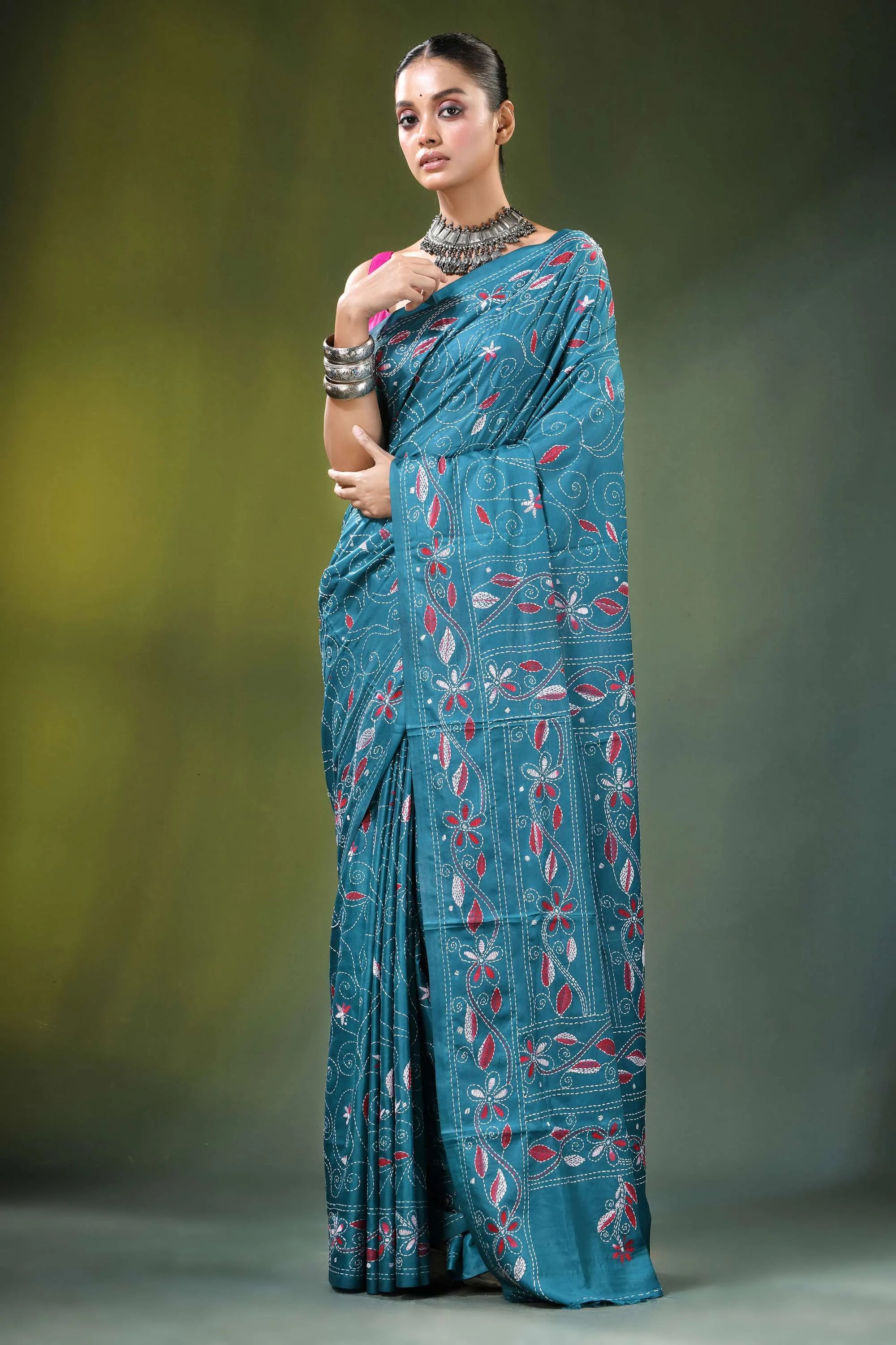 Greenish blue handcrafted peacock design multicolor silk kantha saree teal intricate floral 6