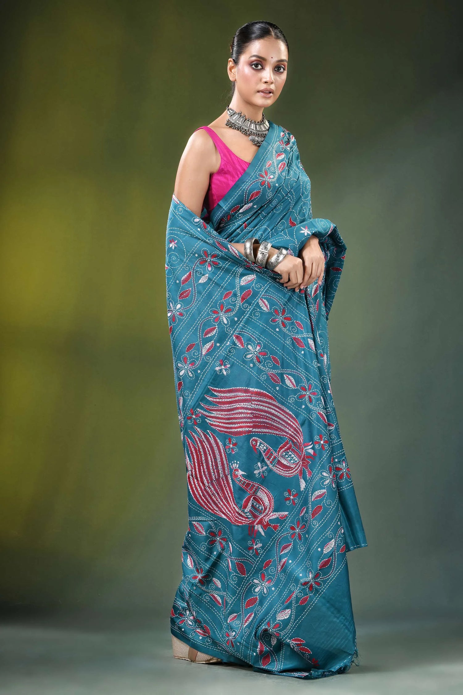 Greenish blue handcrafted peacock design multicolor silk kantha saree teal intricate red 4