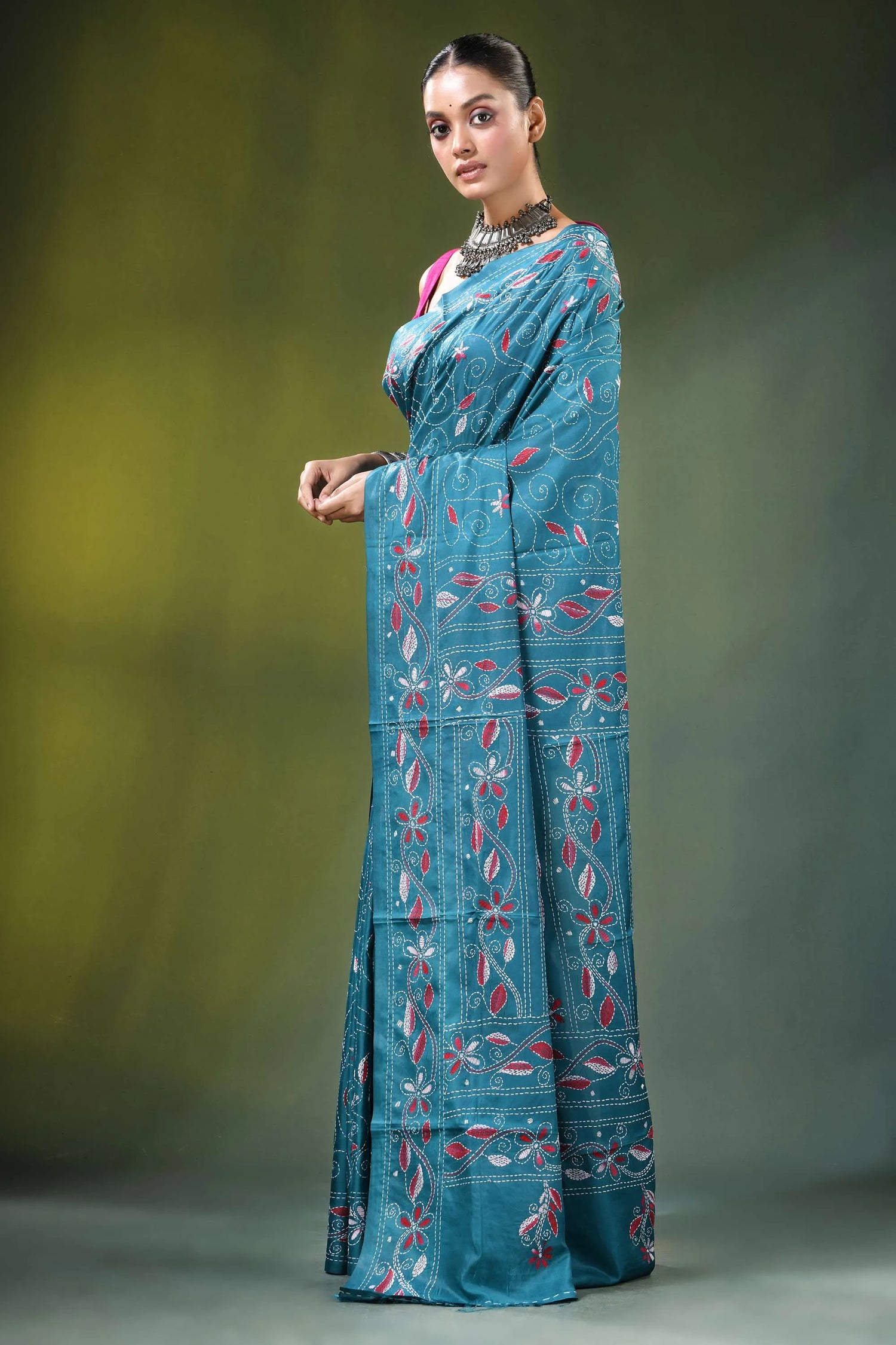 Greenish blue handcrafted peacock design multicolor silk kantha saree teal adorned intricate 3