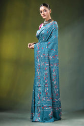 Greenish blue handcrafted peacock design multicolor silk kantha saree teal adorned intricate 3