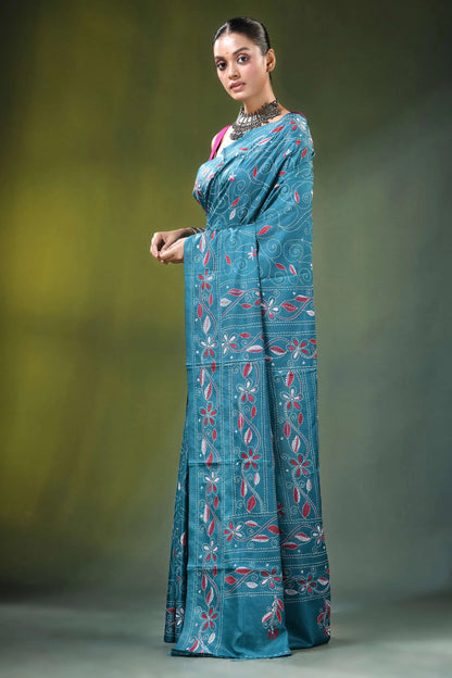 Greenish blue handcrafted peacock design multicolor silk kantha saree teal adorned intricate 3