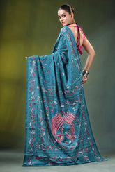 Greenish blue handcrafted peacock design multicolor silk kantha saree teal intricate red 5