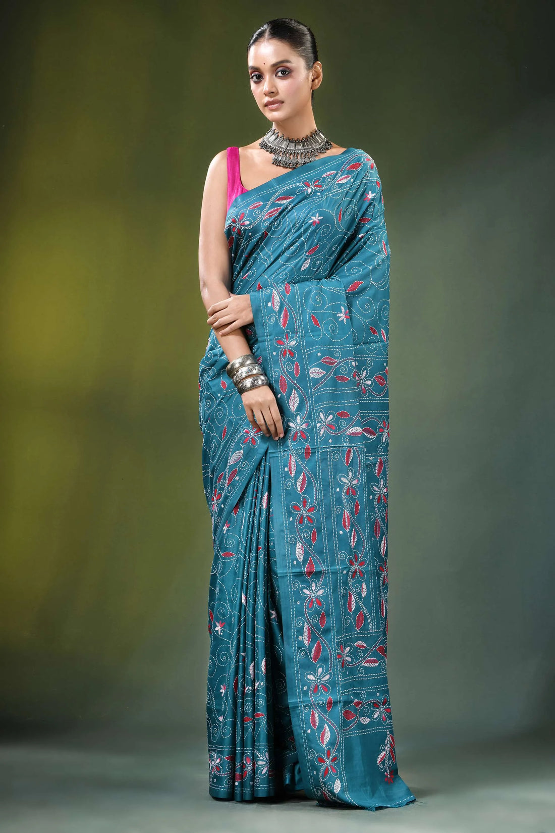 Greenish blue handcrafted peacock design multicolor silk kantha saree teal-colored intricate floral embroidery 1