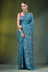 Greenish blue handcrafted peacock design multicolor silk kantha saree teal-colored intricate floral embroidery 1