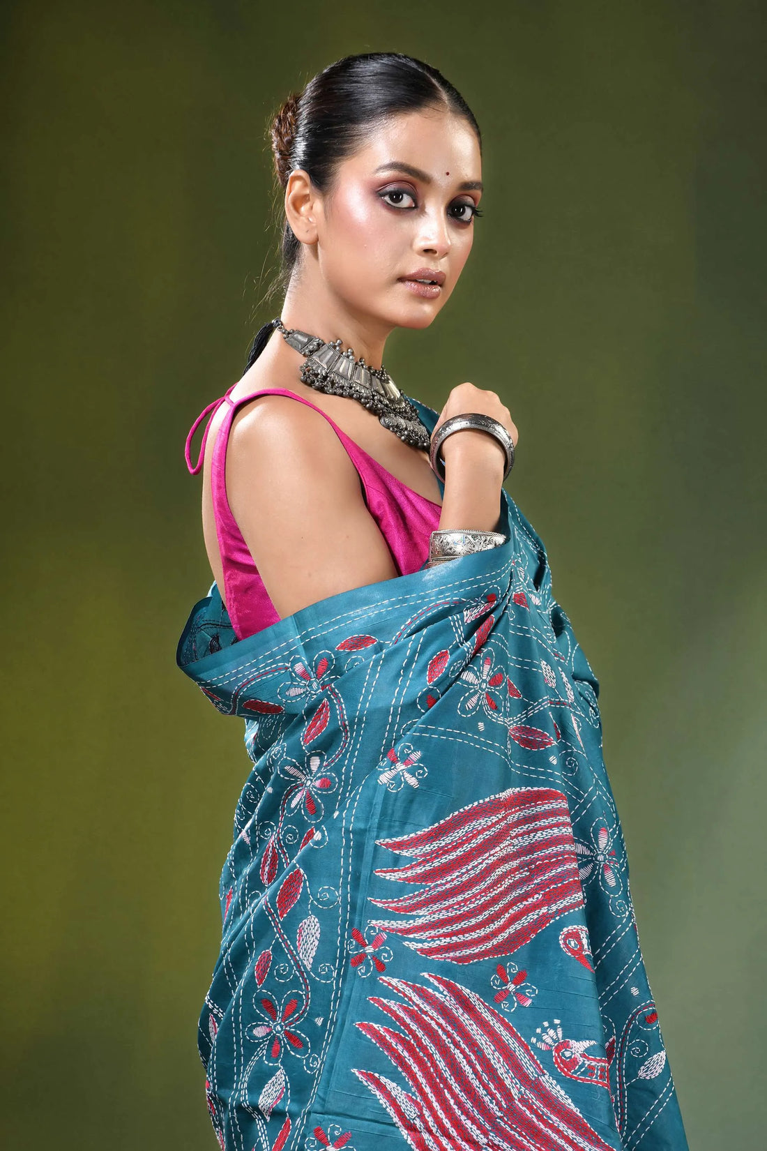 Greenish blue handcrafted peacock design multicolor silk kantha saree teal intricate red 2